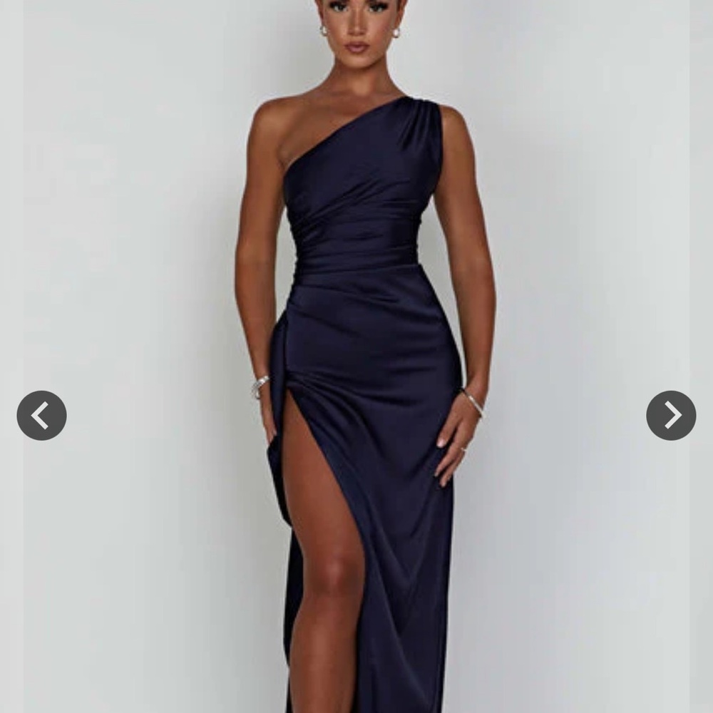One-Shoulder Navy Evening Gown with Side Slit